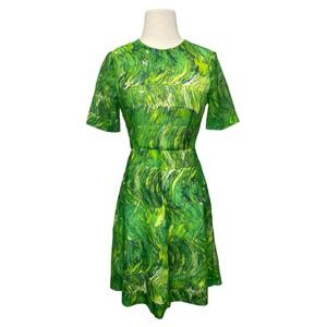 Vtg Green Fit & Flare Dress Small Med Short Sleeve Marbled  Watercolor Mod